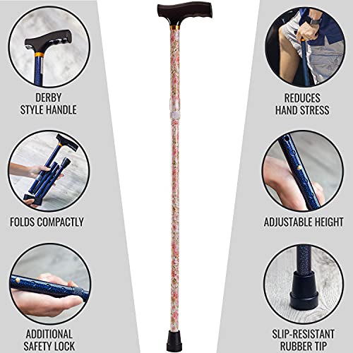 DMI Walking Cane, Walking Stick, Foldable Cane for Men, Women, Seniors and Handicapped Adjusts from 33-37 Inches in 1 inch increments with Ergonomic Wood Handle, Supports up to 250 Pounds, Floral from DMI