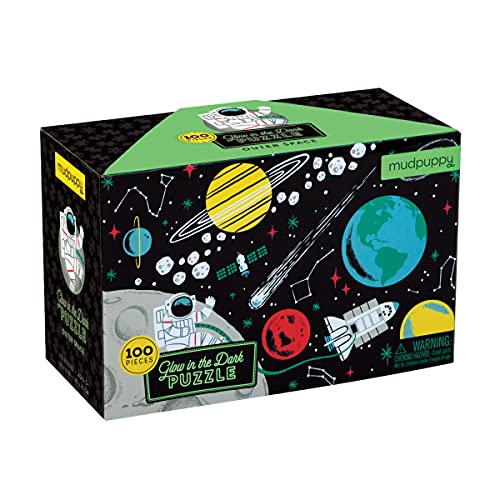 Mudpuppy Outer Space Glow-in-the-Dark Puzzle, 100 Pieces, 18âx12â, Made for Kids Age 5+, Illustrations of Planets, Stars, Spaceships and More, Award-Winning Glow in the Dark Puzzle from Mudpuppy