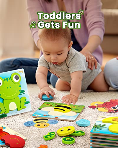 Olansit Wooden Puzzles for Toddlers 1 2 3 Year Old Girls Boys, Upgraded Toddler Puzzles with Animal Cards, 6 Pack Animal Jigsaw Puzzles Montessori Toys, Learning Travel Toys Gifts for Ages 1-3 by Olansit