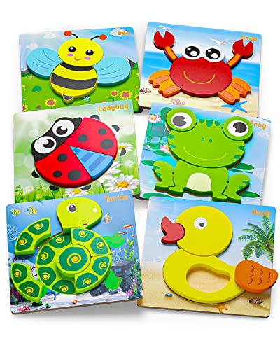 Olansit Wooden Puzzles for Toddlers 1 2 3 Year Old Girls Boys, Upgraded Toddler Puzzles with Animal Cards, 6 Pack Animal Jigsaw Puzzles Montessori Toys, Learning Travel Toys Gifts for Ages 1-3 by Olansit