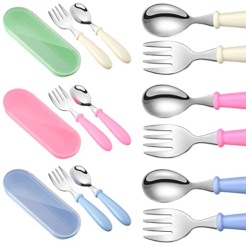 9 Pieces Toddler Utensils Stainless Steel Fork and Spoon Safe Baby Silverware Set, Kid Safe Utensils Children's Flatware Kids Cutlery Set with Round Handle for LunchBox (White, Rose Red, Blue) by Patelai