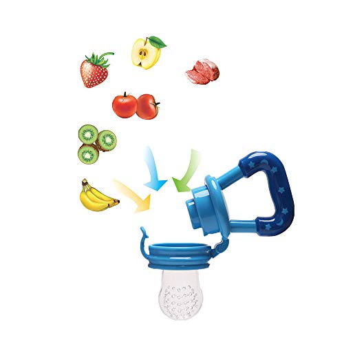 Food Feeder Baby Fruit Feeder Pacifier (3 Pcs) with 6 Different Sized Silicone Pacifiers 2 PCS Silicone Baby Food Dispensing Spoon 90ML with 2 Baby Spoons Pacifier Clip Infant Fruit Teething Toy -Blue from N/C