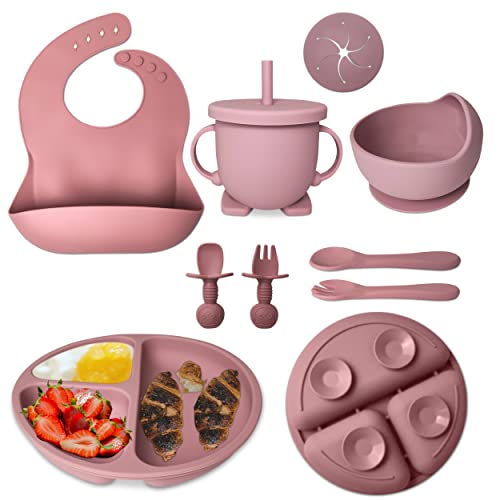 Mutualproducts - Baby Feeding Set 8-Piece | Baby Led Weaning Utensils Set Includes Suction Bowl and Plate, Baby Spoon and Fork, Sippy Cup with Straw and Lid | Baby Feeding Supplies Set (Peach Pink) by mutualproducts