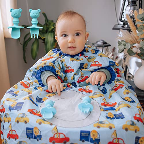 Cute Comfortz Infant Bibs for Baby Boy - Coverall Feeding Bibs Covers to Highchair with Silicone Spoon and Fork, Easy to Clean | Toddler Baby Bibs for Eating Food | Washable Waterproof Bibs (Blue) from CUTE COMFORTZ