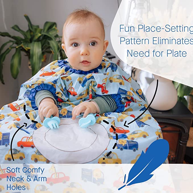 Cute Comfortz Infant Bibs for Baby Boy - Coverall Feeding Bibs Covers to Highchair with Silicone Spoon and Fork, Easy to Clean | Toddler Baby Bibs for Eating Food | Washable Waterproof Bibs (Blue) from CUTE COMFORTZ