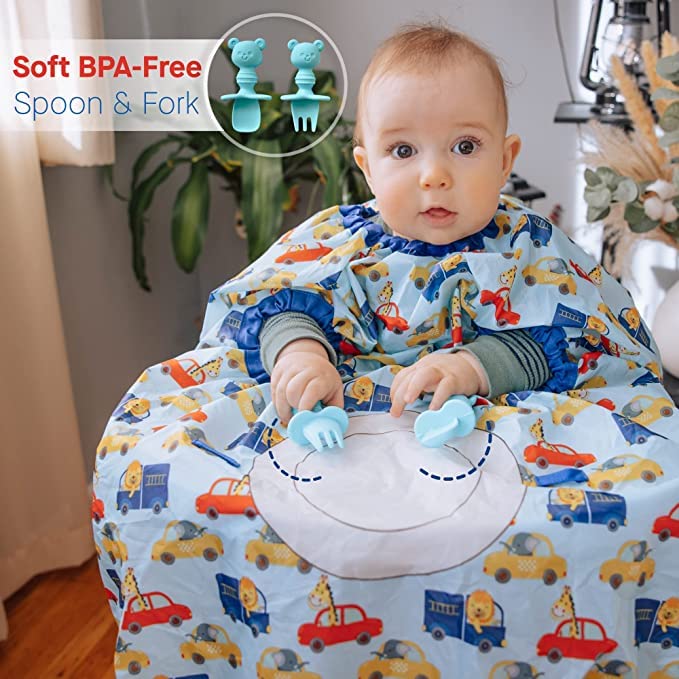 Cute Comfortz Infant Bibs for Baby Boy - Coverall Feeding Bibs Covers to Highchair with Silicone Spoon and Fork, Easy to Clean | Toddler Baby Bibs for Eating Food | Washable Waterproof Bibs (Blue) from CUTE COMFORTZ