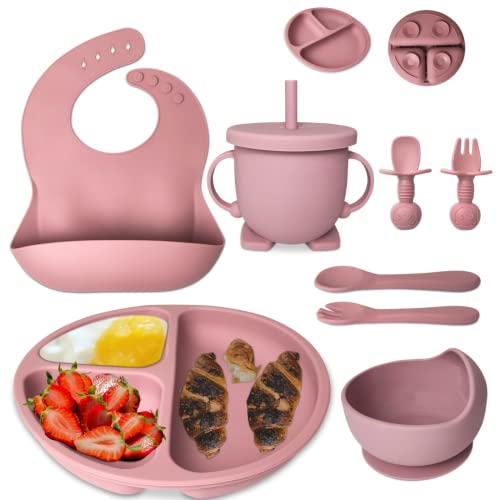 Mutualproducts - Baby Feeding Set 8-Piece | Baby Led Weaning Utensils Set Includes Suction Bowl and Plate, Baby Spoon and Fork, Sippy Cup with Straw and Lid | Baby Feeding Supplies Set (Peach Pink) by mutualproducts