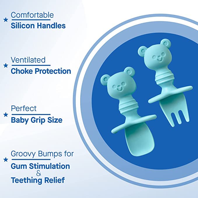 Cute Comfortz Infant Bibs for Baby Boy - Coverall Feeding Bibs Covers to Highchair with Silicone Spoon and Fork, Easy to Clean | Toddler Baby Bibs for Eating Food | Washable Waterproof Bibs (Blue) from CUTE COMFORTZ