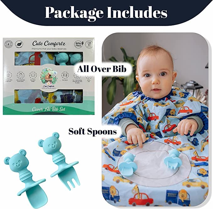 Cute Comfortz Infant Bibs for Baby Boy - Coverall Feeding Bibs Covers to Highchair with Silicone Spoon and Fork, Easy to Clean | Toddler Baby Bibs for Eating Food | Washable Waterproof Bibs (Blue) from CUTE COMFORTZ
