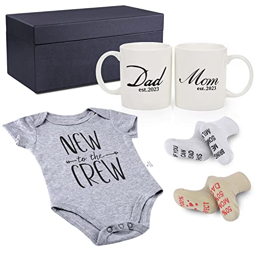 Pregnancy Gifts for First Time Moms â Mom and Dad Est 2022 11 oz Mug Set with Romper (0-3 Months) and Baby Socks â- Top New Parents Gifts for Mom and Dad to Be - Baby Shower from Accgz