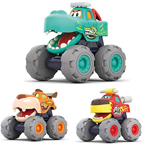 MOONTOY Toy Cars for 1 2 3 Year Old Boys, 3 Pack Friction Powered Cars Pull Back Toy Cars Set - Bull Truck, Leopard Truck, Crocodile Trucks, Push and Go Toy Cars for Toddler Boys Baby Gift. by MOONTOY