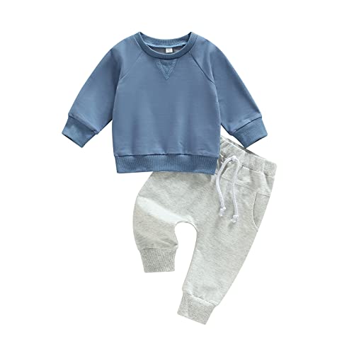 Baby Boy Clothes 2pcs Fall Outfits Long Sleeve Solid Sweatshirt T-Shirt Top Striped Drawstring Pants Set (A- Blue & Grey, 18-24 Months) from 