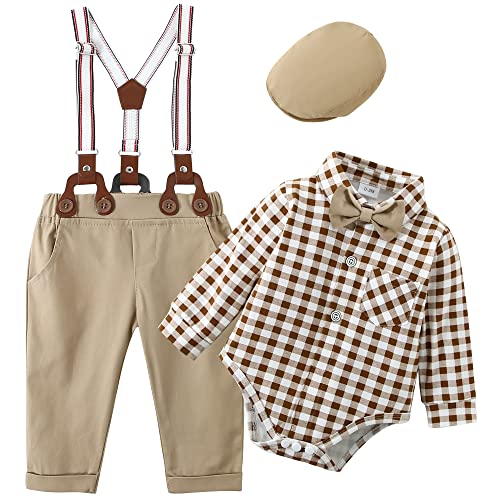 ZOEREA Baby Boy Clothes Infant Tuxedo Long Sleeve Gentleman Outfits + Suspender Pants + Bowtie + Beret Hat Baby Boy Suit Set by 