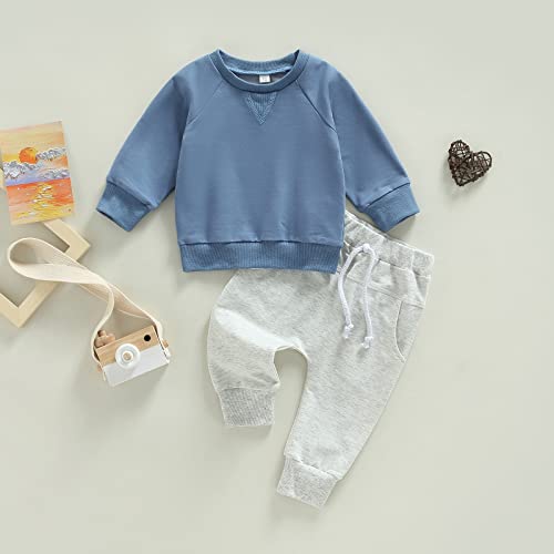 Baby Boy Clothes 2pcs Fall Outfits Long Sleeve Solid Sweatshirt T-Shirt Top Striped Drawstring Pants Set (A- Blue & Grey, 18-24 Months) from 