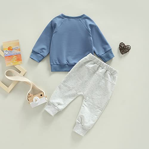 Baby Boy Clothes 2pcs Fall Outfits Long Sleeve Solid Sweatshirt T-Shirt Top Striped Drawstring Pants Set (A- Blue & Grey, 18-24 Months) from 