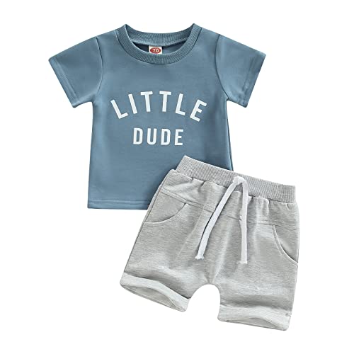Toddler Baby Boy Clothes Summer Striped Print Short Sleeve T-shirt Elastic Waist Shorts Set 6 12 18 24M Outfits (E-Blue Gray Little Dude , 18-24 Months ) from Mandizy