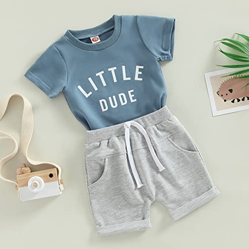 Toddler Baby Boy Clothes Summer Striped Print Short Sleeve T-shirt Elastic Waist Shorts Set 6 12 18 24M Outfits (E-Blue Gray Little Dude , 18-24 Months ) from Mandizy