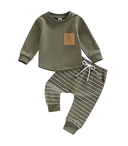 Baby Boys Clothes 3 6 9 12 18 24M 3T Pants Set Hooded Patchwork Hoodie Striped Sweatpants Fall Winter Outfit(Army Green-Pocket, 6-12 Months) by MA&BABY