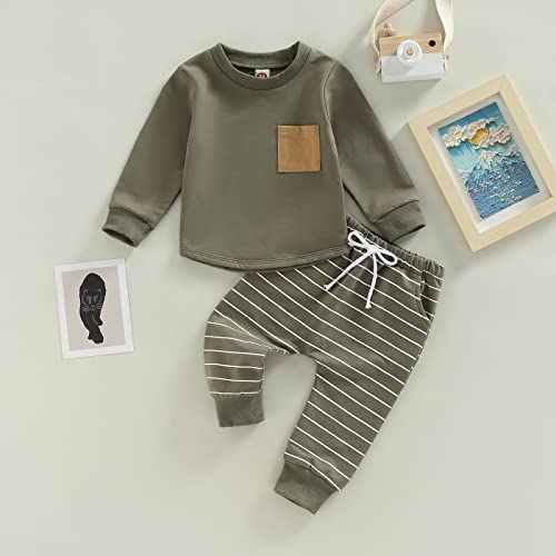 Baby Boys Clothes 3 6 9 12 18 24M 3T Pants Set Hooded Patchwork Hoodie Striped Sweatpants Fall Winter Outfit(Army Green-Pocket, 6-12 Months) by MA&BABY