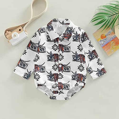 Western Baby Boy Clothes Newborn Long Sleeve Onesie Dress Shirt Lapel Button Bodysuit Boho Cowboy Jumpsuit Tee Tops (White Western Onesie, 12-18 Months) by Omkzanbi