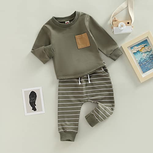 Baby Boys Clothes 3 6 9 12 18 24M 3T Pants Set Hooded Patchwork Hoodie Striped Sweatpants Fall Winter Outfit(Army Green-Pocket, 6-12 Months) by MA&BABY