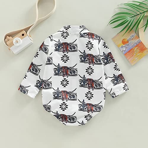Western Baby Boy Clothes Newborn Long Sleeve Onesie Dress Shirt Lapel Button Bodysuit Boho Cowboy Jumpsuit Tee Tops (White Western Onesie, 12-18 Months) by Omkzanbi