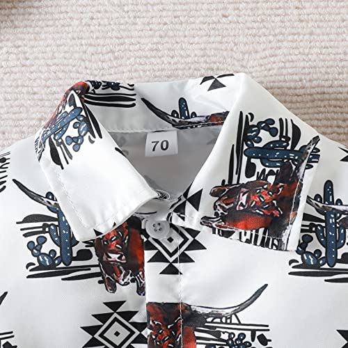 Western Baby Boy Clothes Newborn Long Sleeve Onesie Dress Shirt Lapel Button Bodysuit Boho Cowboy Jumpsuit Tee Tops (White Western Onesie, 12-18 Months) by Omkzanbi