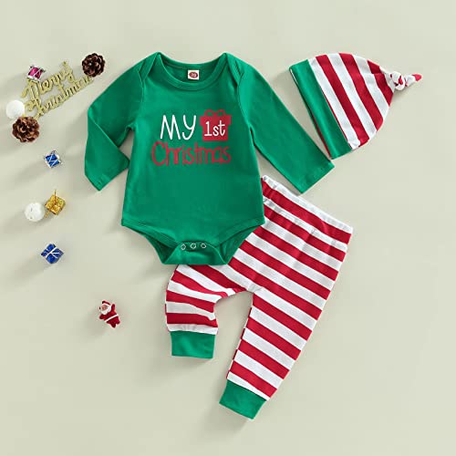 My First Christmas Baby Boy Girl Outfit Newborn Long Sleeve Romper Onesie Striped Pants Hat 1St Christmas Clothes Set (Green & Red Striped , 6-9 Months ) by FYBITBO