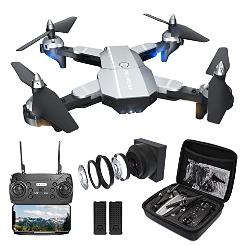 Drone with 1080P Camera for Adults,Foldable RC Quadcopter, Helicopter Toys, 1080P FPV Video Drone for Beginners, Dual Camera Drone, 2 Batteries and Carrying Case,One Key Start, Altitude Hold,Headless Mode,3D Flips Silver from Cakur