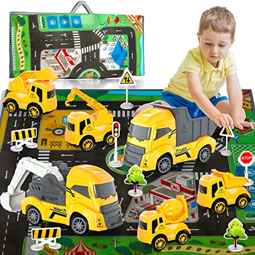 Construction Trucks Cars Toys with Play Mat/Storage Bag for Boys Toddlers Kids, Construction Truck Vehicles Car Toys Gifts for 1 2 3 4 5 Year Old Boys Toddlers Kids, Push & Go Play Vehicles Car Toys from DONGJIE TOYS FACTORY