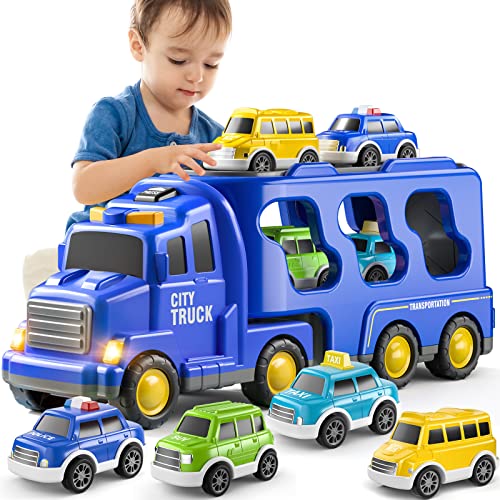 TEMI Toddler Truck Toys for 3 4 5 6 7 Year Old Boys - 5 Pack Carrier Truck Transport City Vehicles Toys, Kids Toys Car for Girls Boys Toddlers Friction Power Set, Push and Go Play Vehicles Toysâ¦ by TEMI
