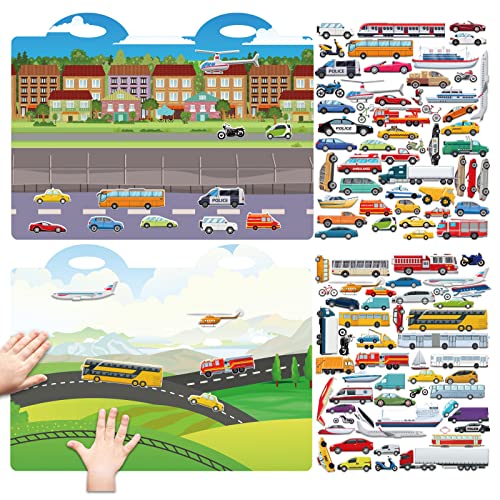 3D Transportation Puffy Sticker Play Set Kids 2-4 Toys Gifts Sticker Book Vehicles Cars Window Clings Decals for Toddlers Home Airplane Classroom Nursery Transportation Party Supplies Decorations Removable 100 Reusable Puffy Stickers 2 Fold-Out Scenes by 