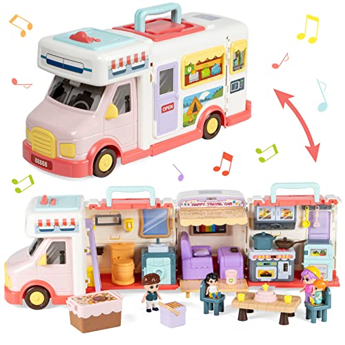Marstone Doll House Camping Toy, Transforming Doll Camper Dream House with Little People, Pretend RV Van Play Set Girls Toy Inertia Vehicle with Sound and Music for Age 3 4 5 6 7 8+ from Marstone