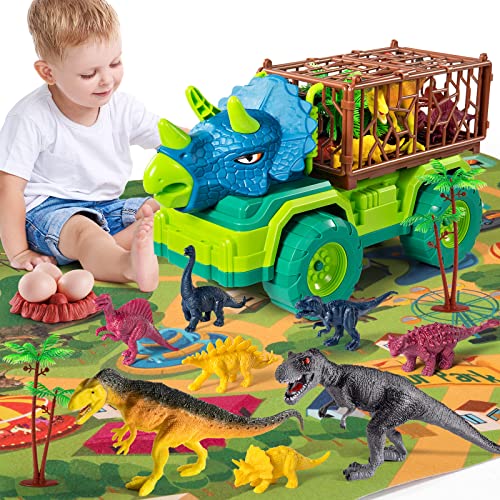 Dinosaur Transport Truck Toy Play Set for Toddlers, Triceratops Cage Vehicle Carrier Car Toys for Kids 3 4 5 6 7 Years, Monster Truck with 8 Dino Figures & Play Mat, Gift for Boys and Girls from MAGICDINOSAUR