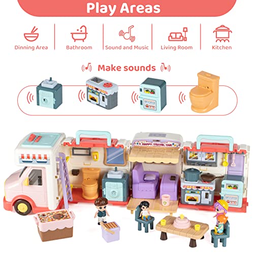 Marstone Doll House Camping Toy, Transforming Doll Camper Dream House with Little People, Pretend RV Van Play Set Girls Toy Inertia Vehicle with Sound and Music for Age 3 4 5 6 7 8+ from Marstone