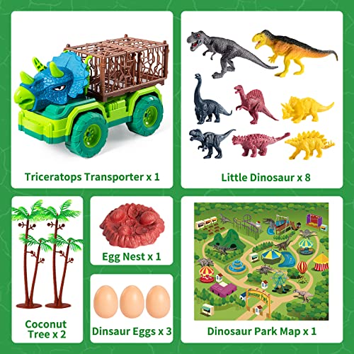 Dinosaur Transport Truck Toy Play Set for Toddlers, Triceratops Cage Vehicle Carrier Car Toys for Kids 3 4 5 6 7 Years, Monster Truck with 8 Dino Figures & Play Mat, Gift for Boys and Girls from MAGICDINOSAUR