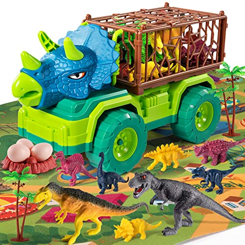 Dinosaur Transport Truck Toy Play Set for Toddlers, Triceratops Cage Vehicle Carrier Car Toys for Kids 3 4 5 6 7 Years, Monster Truck with 8 Dino Figures & Play Mat, Gift for Boys and Girls from MAGICDINOSAUR