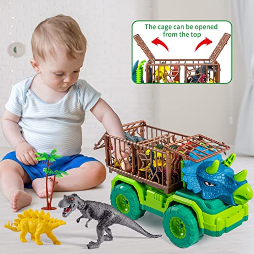Dinosaur Transport Truck Toy Play Set for Toddlers, Triceratops Cage Vehicle Carrier Car Toys for Kids 3 4 5 6 7 Years, Monster Truck with 8 Dino Figures & Play Mat, Gift for Boys and Girls from MAGICDINOSAUR
