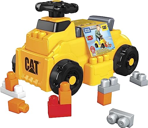 Mega Bloks CAT Build 'n Play Ride-On Building Set, 10 Big Building Blocks and 1 Ride-one Vehicle with Free-Spinning Steering Wheel and 4 Building Surfaces, Toy Gift Set for Ages 1-3 from Mattel