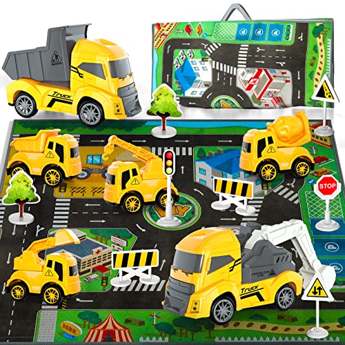 Construction Trucks Cars Toys with Play Mat/Storage Bag for Boys Toddlers Kids, Construction Truck Vehicles Car Toys Gifts for 1 2 3 4 5 Year Old Boys Toddlers Kids, Push & Go Play Vehicles Car Toys from DONGJIE TOYS FACTORY