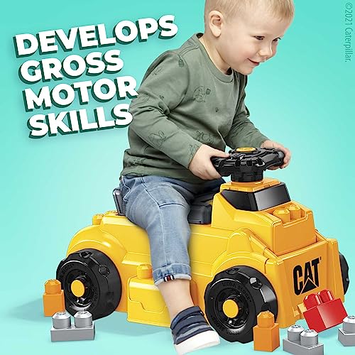 Mega Bloks CAT Build 'n Play Ride-On Building Set, 10 Big Building Blocks and 1 Ride-one Vehicle with Free-Spinning Steering Wheel and 4 Building Surfaces, Toy Gift Set for Ages 1-3 from Mattel