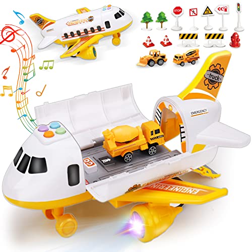 Airplane Toy with Mini Construction Cars Helicopter Boy Toys Toddler 3-5 Aircraft Carrier Toy Plane with Lights SoundsÂ Transport Vehicle Play Set Cargo Airport Toy Age 3 4 5 6 7 Years Old from Tsomtto