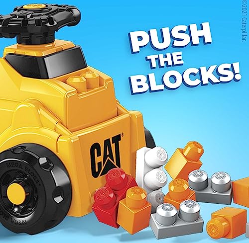 Mega Bloks CAT Build 'n Play Ride-On Building Set, 10 Big Building Blocks and 1 Ride-one Vehicle with Free-Spinning Steering Wheel and 4 Building Surfaces, Toy Gift Set for Ages 1-3 from Mattel