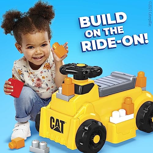 Mega Bloks CAT Build 'n Play Ride-On Building Set, 10 Big Building Blocks and 1 Ride-one Vehicle with Free-Spinning Steering Wheel and 4 Building Surfaces, Toy Gift Set for Ages 1-3 from Mattel