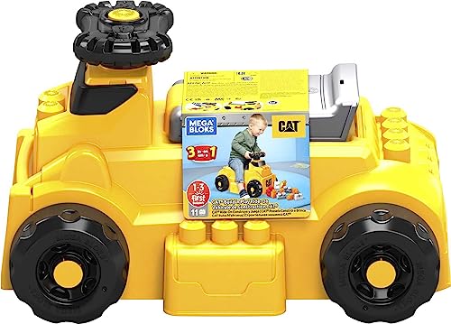 Mega Bloks CAT Build 'n Play Ride-On Building Set, 10 Big Building Blocks and 1 Ride-one Vehicle with Free-Spinning Steering Wheel and 4 Building Surfaces, Toy Gift Set for Ages 1-3 from Mattel