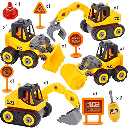 Construction Toys, Take Apart Truck Toys Play Set Bulldozer, Grab Loader, Road Roller, Excavator, Kid STEM Construction Vehicles Gift for 3 4 5 6 Years Old Boy & Girls by Gzsbaby