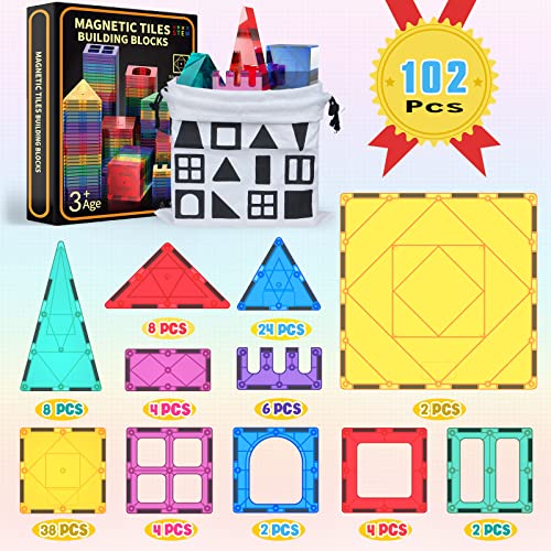 GobiDex Magnetic Tiles 102PCS Kids Magnet Toys for 3+ Year Old Boys and Girls STEM Magnetic Blocks Educational Construction Gift for Age 3-10 from GobiDex
