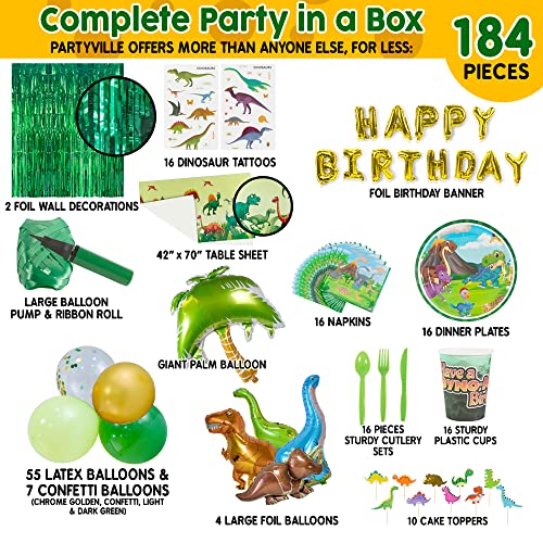 Partyville Dinosaur Party Decorations - Dinosaur Birthday Party Supplies 184 Pcs w/Most Dinosaur Party Supplies - Birthday Party Decorations - Dinosaur Birthday Decorations w/Plates Cups Cutlery by Luxxis Limited