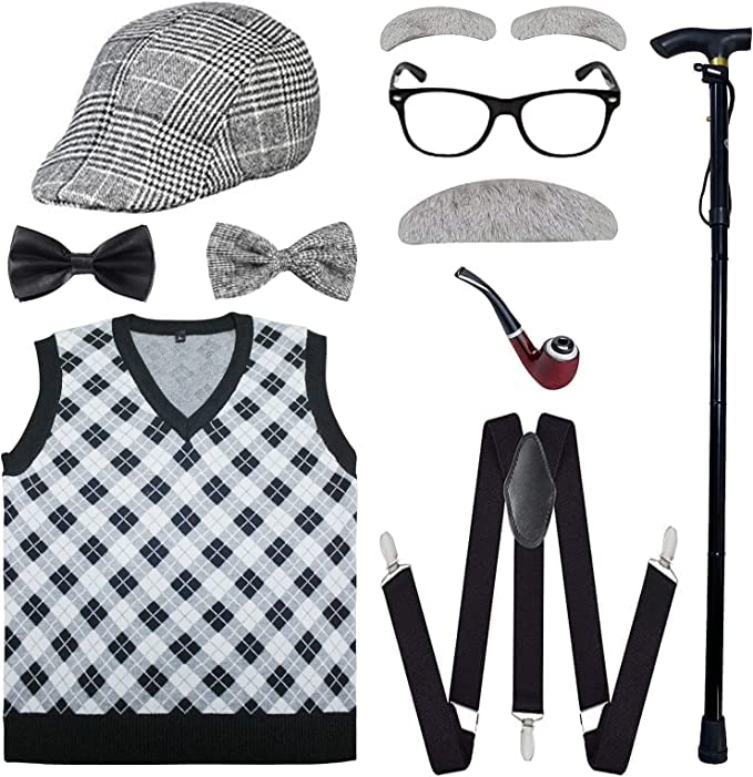 ATTBEA Old Man Costume for Kids 100 Days of School Costume for Boys with Old Man Hat, Old Person Glasses, Costume Cane Grandpa Vest from 