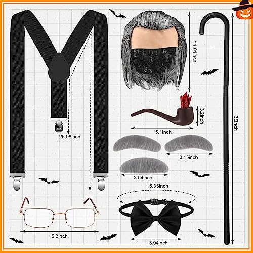 Jutom 8 Pcs 100 Days of School Old Man Costume Set for Boys Child Included Cane Glasses Toy Pipe Old Man Bald Wig Mustache and Suspender Costumes for Child Kids 100th Days of School Cosplay Supplies by Jutom